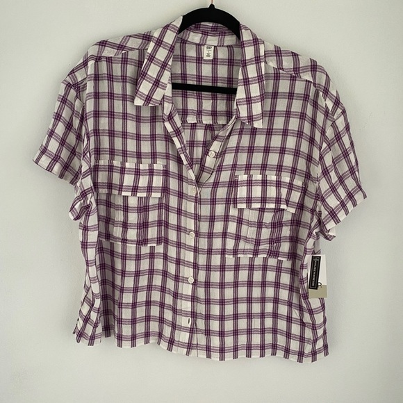 𝅺BP Casual Plaid Crop Boxy Short Sleeve Camp Shirt Large White Purple NWT - Picture 2 of 8